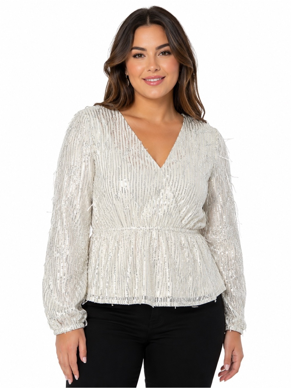 NWT Sequins/Fringe V Neck Blouse Top Sz L Festival Party Holiday Event Sparkly